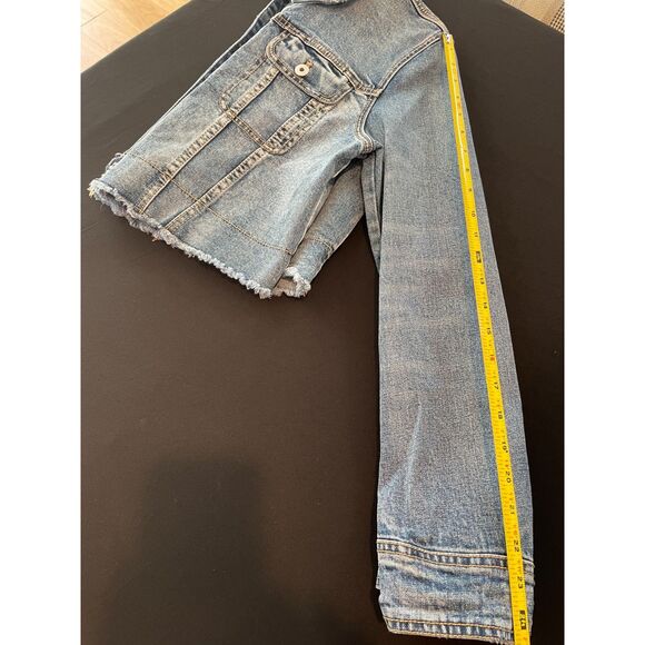 ~ Pilcro Lg Jean Jacket Cropped Denim Anthropologie Blue Raw Edge Stretch Large - Picture 7 of 14